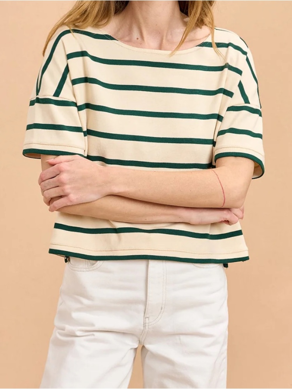 La Ligne Cream and Forest Green Striped Short Sleeve Tee